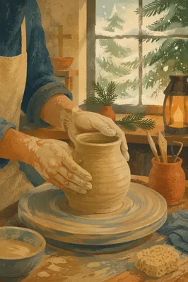 Potter Hands Shaping Clay in Winter Light