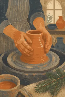Potter Hands Shaping Clay With Evergreen Sprig