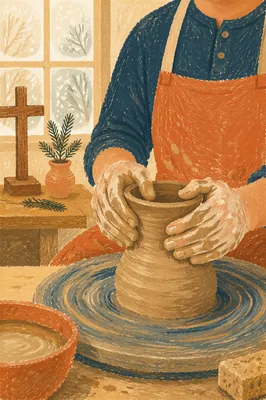 Potter Hands Shaping Clay with Evergreen Cross