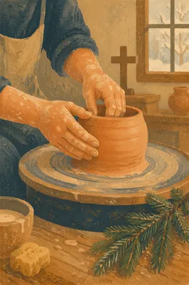 Potter Hands Shaping Clay with Evergreen