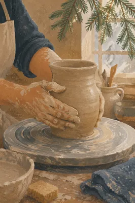 Potter Hands Shaping Clay with Evergreen Hope
