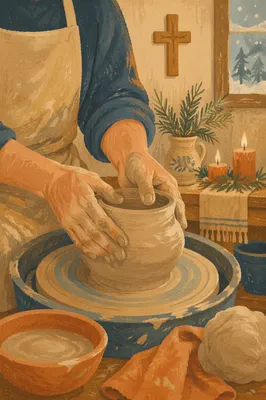 Potter Hands Shaping Clay With Evergreen Hope