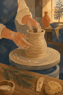 Potter Hands Shaping Clay with Evergreen