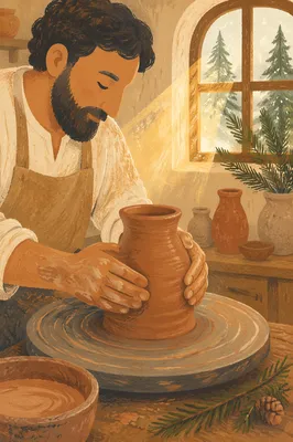 Potter Hands Shaping Clay with Evergreen Light