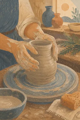 Potter Hands Shaping Clay with Evergreen Hope