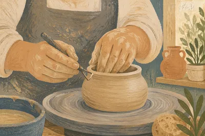 Potter Hands Shaping Clay on Wheel
