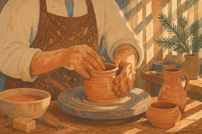 Potter Hands Shaping Clay in Warm Studio