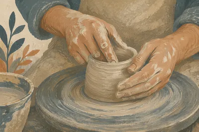Potter Hands Shaping Clay on Wheel
