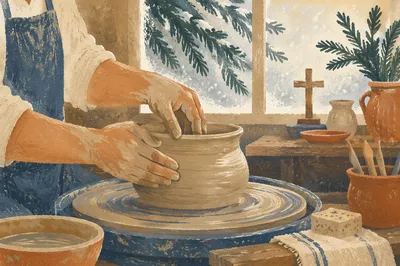 Potter Hands Shaping Clay in Winter Light
