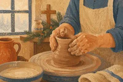 Potter Hands Shaping Clay with Cross