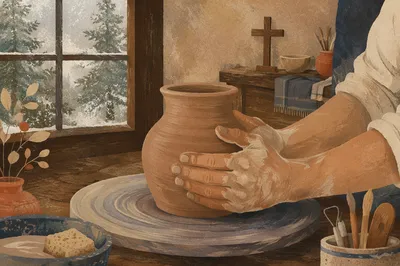 Potter Hands Shaping Clay in Rustic Studio