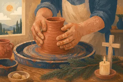 Potter Hands Shaping Clay with Evergreen