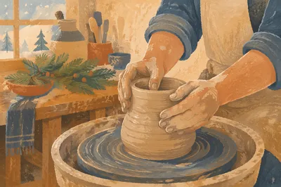 Potter Hands Shaping Clay in Winter Studio