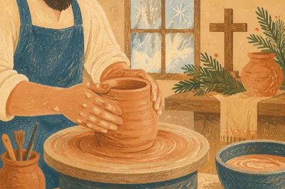 Potter Hands Shaping Clay with Evergreen Cross