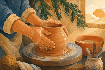 Potter Hands Shaping Clay with Evergreen Hope