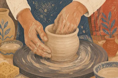 Potter Hands Shaping Clay on Wheel