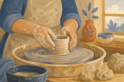 Potter Hands Shaping Clay in Warm Studio