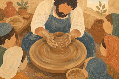 Potter Hands Shaping Clay on Wheel