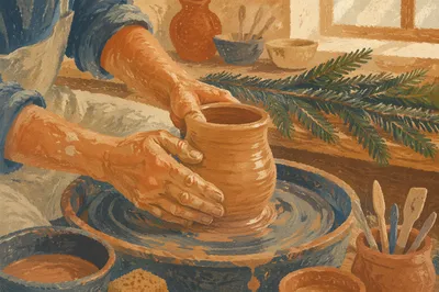Potter Hands Shaping Clay with Evergreen