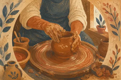 Potter Hands Shaping Clay on Wheel