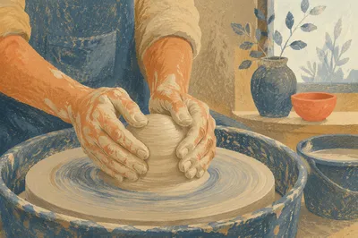Potter Hands Shaping Clay in Studio