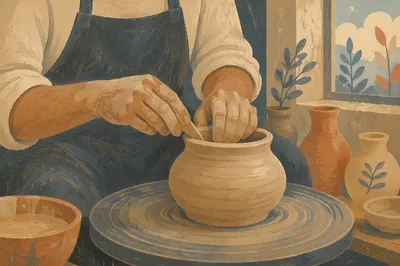 Potter Hands Shaping Clay on Wheel