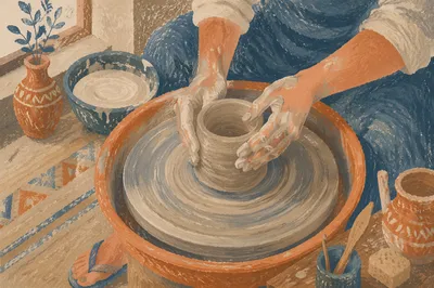Potter Hands Shaping Clay in Studio