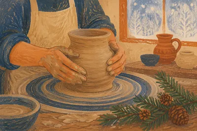 Potter Hands Shaping Clay with Evergreen Hope