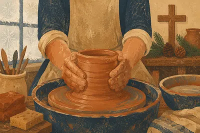 Potter Hands Shaping Clay with Evergreen Hope