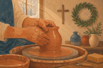 Potter Hands Shaping Clay With Evergreen Faith