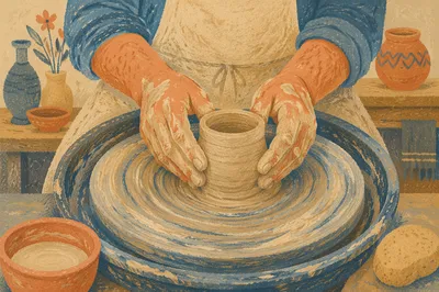 Potter Hands Shaping Clay on Wheel