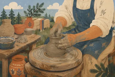 Potter Hands Shaping Clay with Evergreen Hope