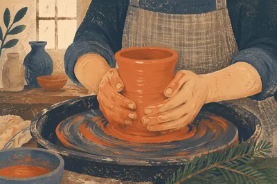 Potter Hands Shaping Clay with Evergreen Hope