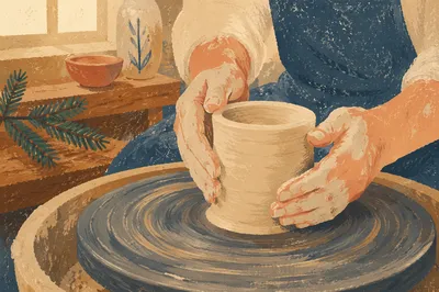Potter Hands Shaping Clay with Evergreen Hope