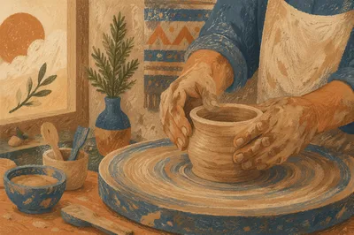 Potter Hands Shaping Clay with Evergreen Hope