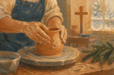 Potter Hands Shaping Clay with Evergreen Cross
