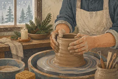 Potter Hands Shaping Clay in Winter Workshop