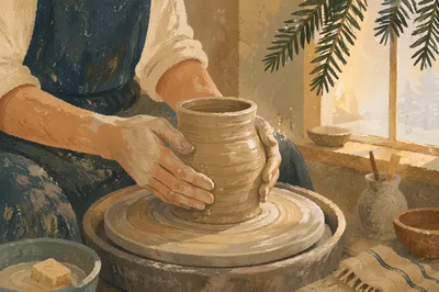 Potter Hands Shaping Clay with Evergreen Hope