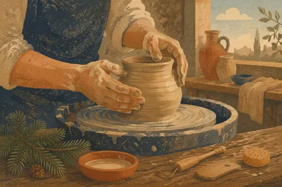 Potter Hands Shaping Clay with Evergreen Hope