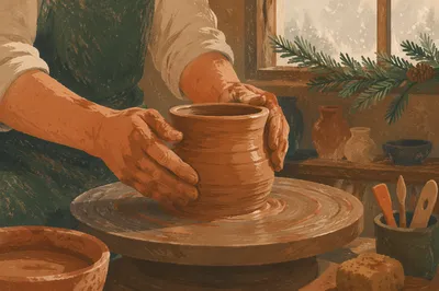 Potter Hands Shaping Clay with Evergreen Hope