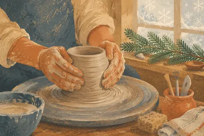 Potter Hands Shaping Clay with Evergreen Hope