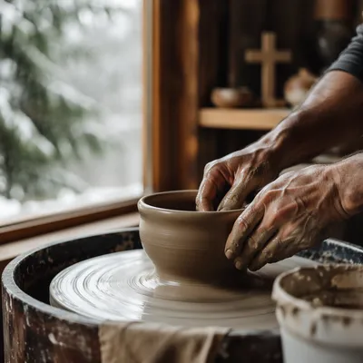 Potter Hands Shaping Clay in Rustic Workshop
