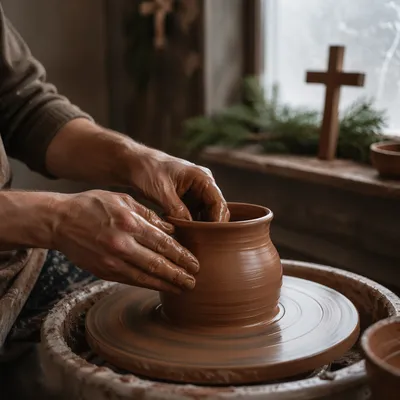 Potter Hands Shaping Clay in Prayerful Studio
