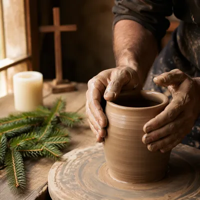 Potter Hands Shaping Clay with Evergreen