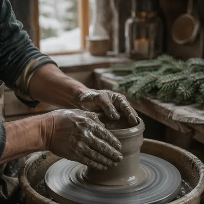 Potter Hands Shaping Clay in Winter Studio