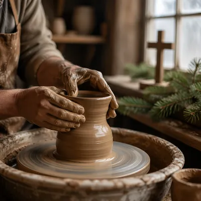 Potter Hands Shaping Clay with Evergreen Cross