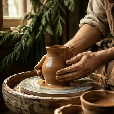 Potter Hands Shaping Clay with Evergreen Hope