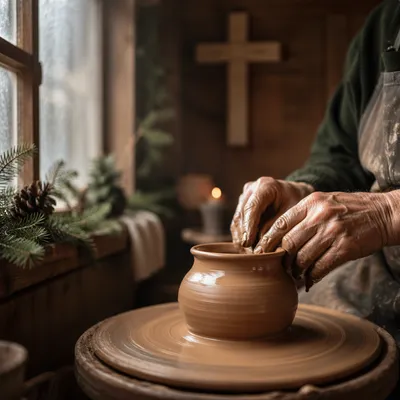 Potter Hands Shaping Clay in Prayerful Studio