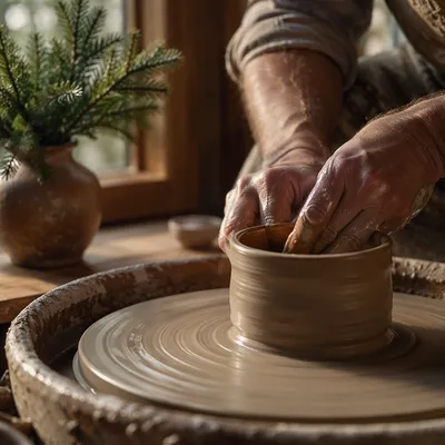 Potter Hands Shaping Clay in Morning Light