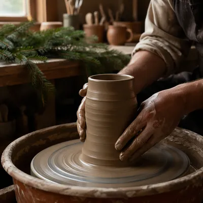 Potter Hands Shaping Clay with Evergreen
